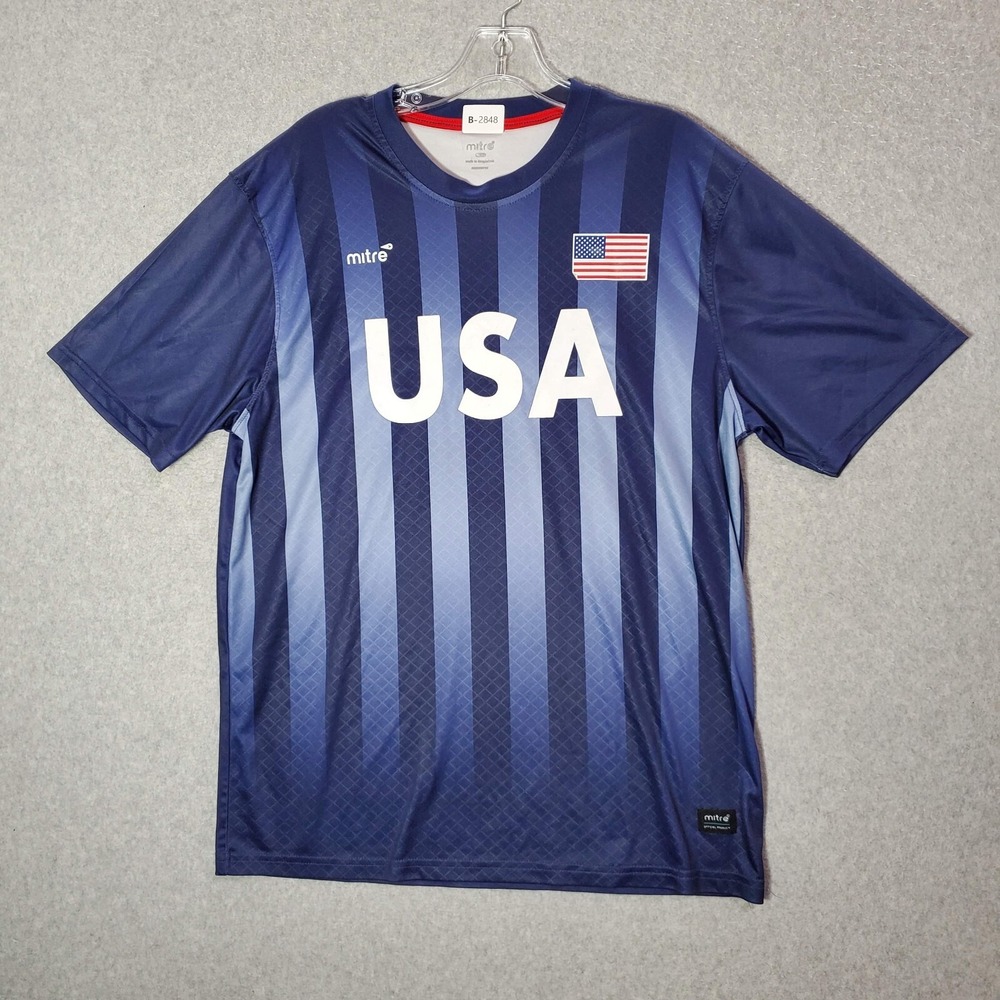 Mitre Team USA Men‎ Shirt Medium Blue USA Flag Striped Soccer Jersey Logo